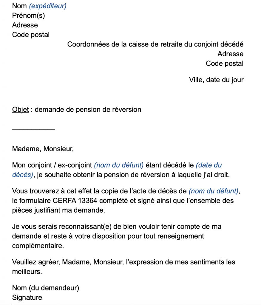 lettre type demande de pension de reversion